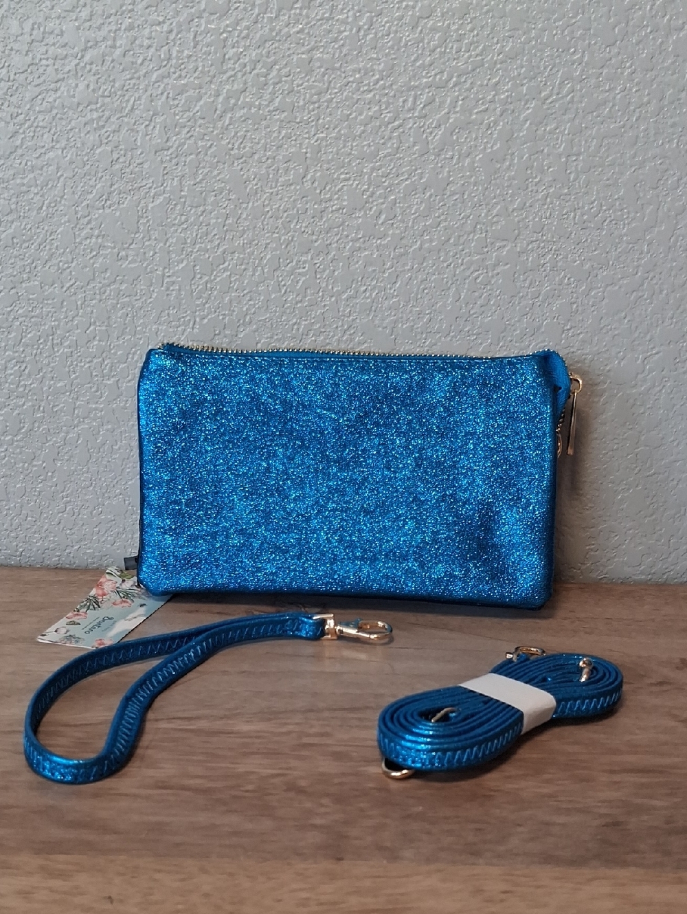 Sparkling Blue Glitter Wristlet Clutch with Detachable Straps